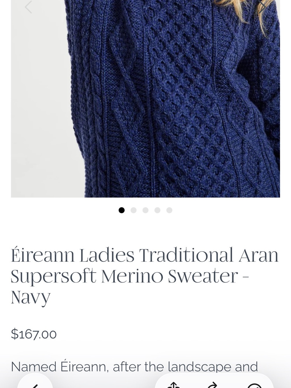 Aran Crafts woman's  Cable Crewneck Sweater - Deep Navy